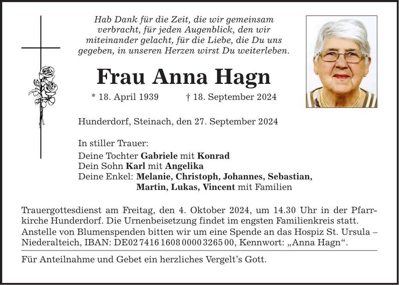 Traueranzeige Anna Hagn