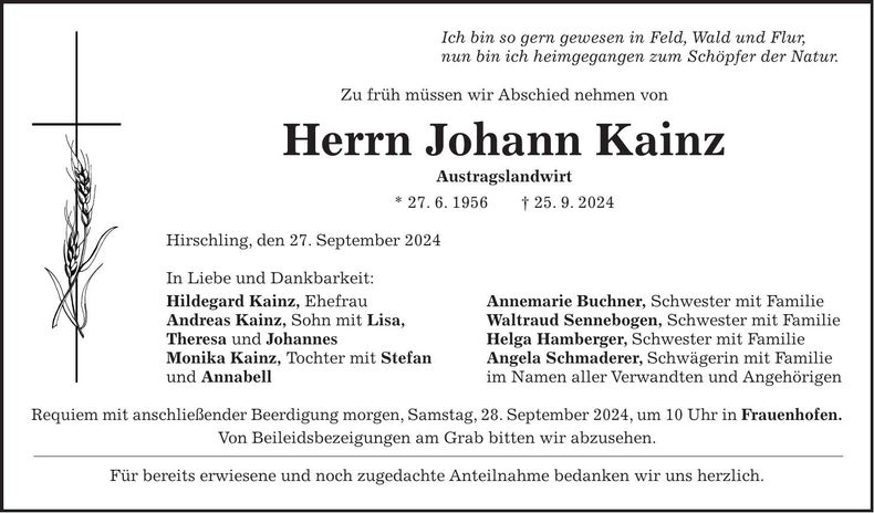 Traueranzeige Johann Kainz
