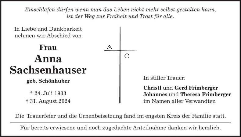 Traueranzeige Anna Sachsenhauser