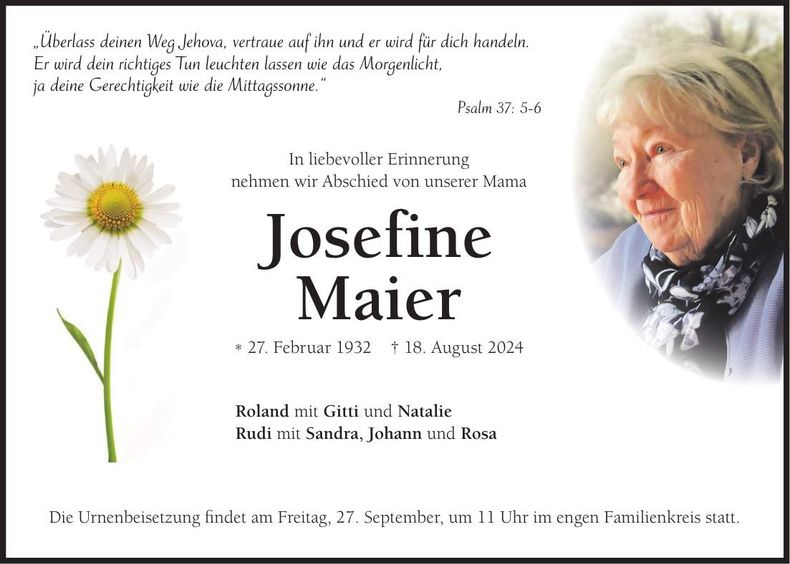 Traueranzeige Josefine Maier