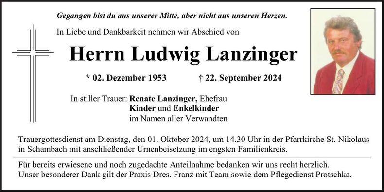 Traueranzeige Ludwig Lanzinger