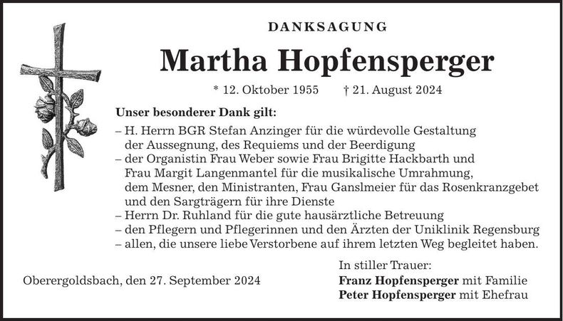 Traueranzeige Martha Hopfensperger