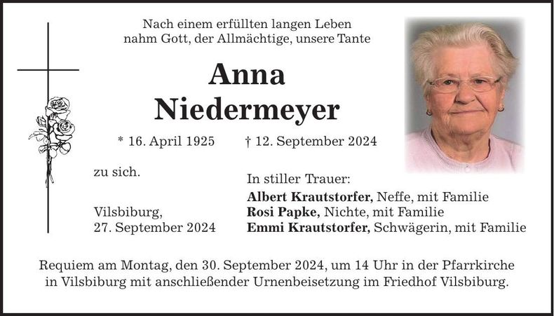 Traueranzeige Anna Niedermeyer