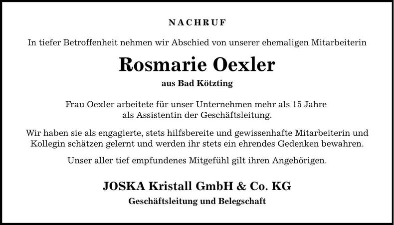 Traueranzeige Rosmarie Oexler