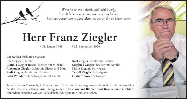 Traueranzeige Franz Ziegler