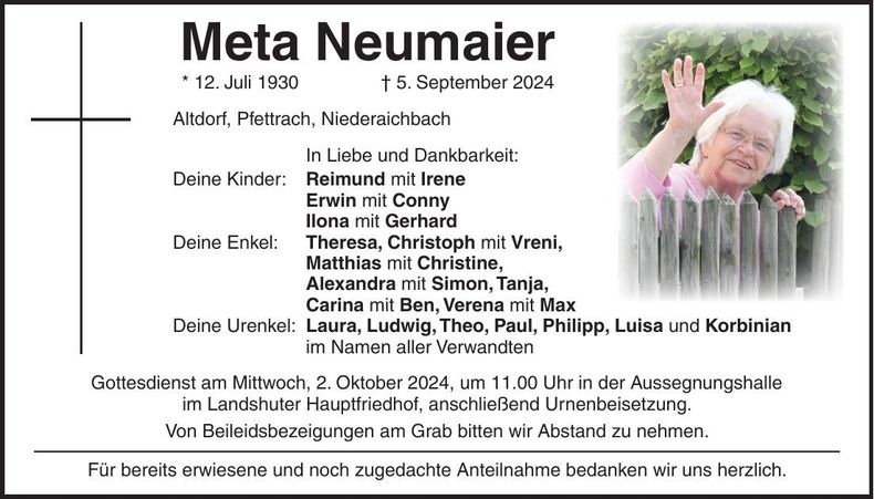 Traueranzeige Meta Neumaier