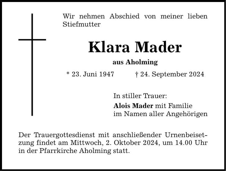 Traueranzeige Klara Mader