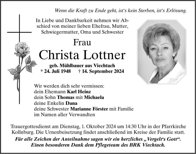Traueranzeige Christa Lottner