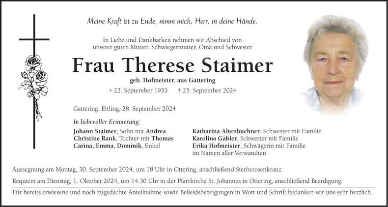 Traueranzeige Therese Staimer