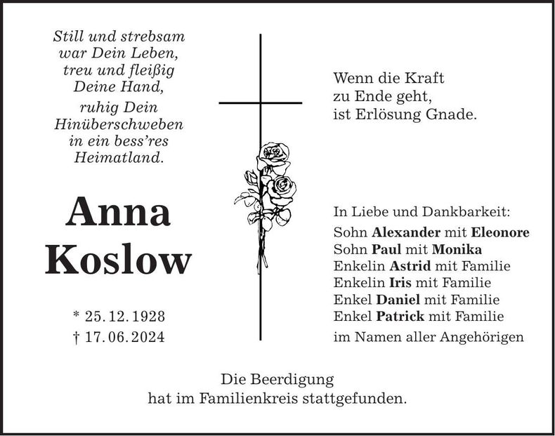 Traueranzeige Anna Koslow