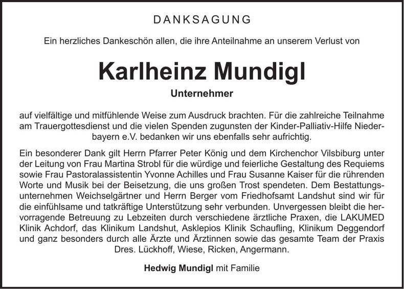 Traueranzeige Karlheinz Mundigl
