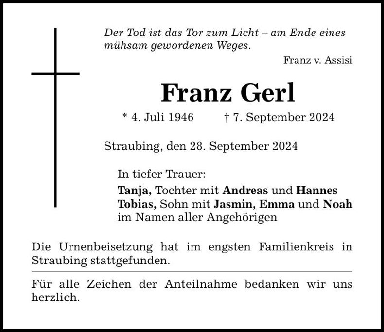 Traueranzeige Franz Gerl