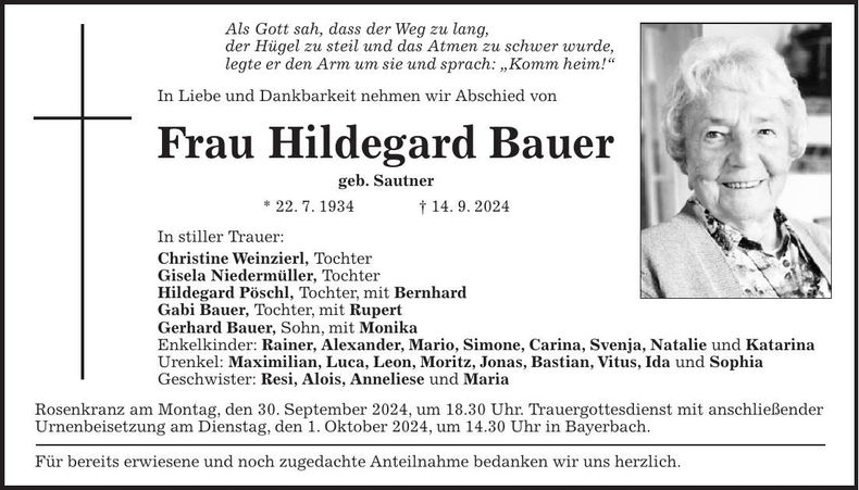 Traueranzeige Hildegard Bauer
