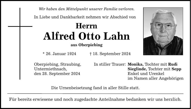 Traueranzeige Alfred Otto Lahn