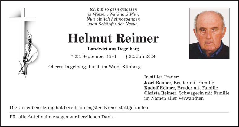 Traueranzeige Helmut Reimer