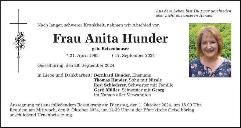 Traueranzeige Anita Hunder