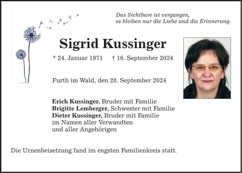 Traueranzeige Sigrid Kussinger