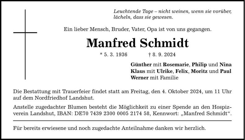 Traueranzeige Manfred Schmidt