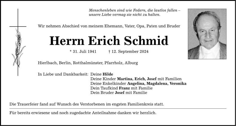 Traueranzeige Erich Schmid