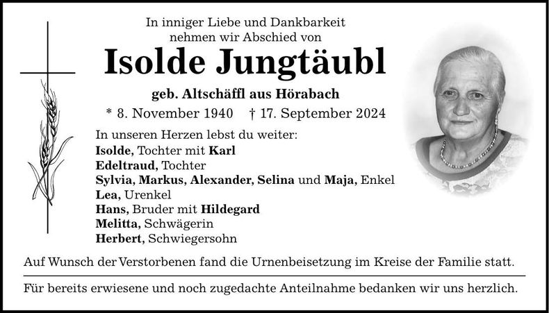 Traueranzeige Isolde Jungtäubl