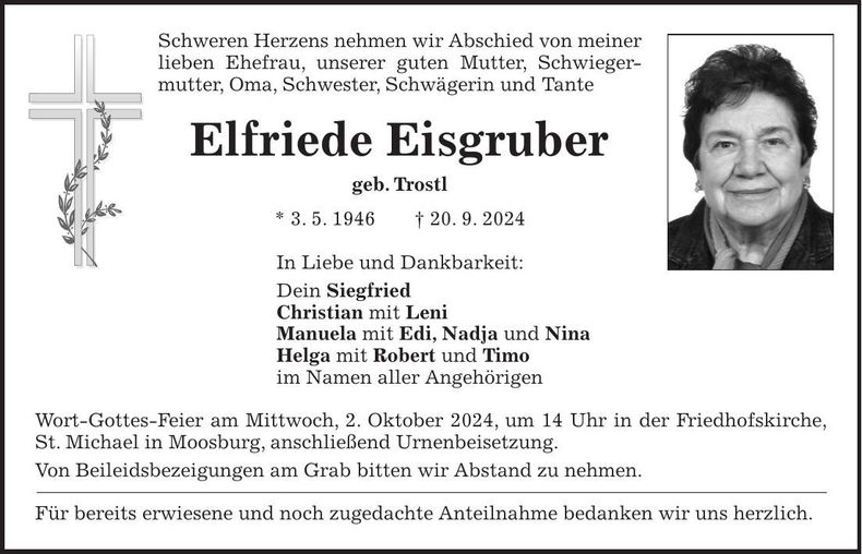 Traueranzeige Elfriede Eisgruber