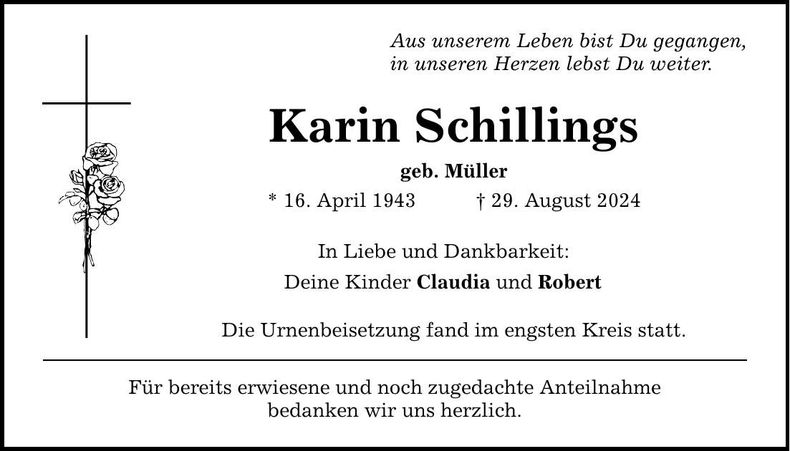 Traueranzeige Karin Schillings
