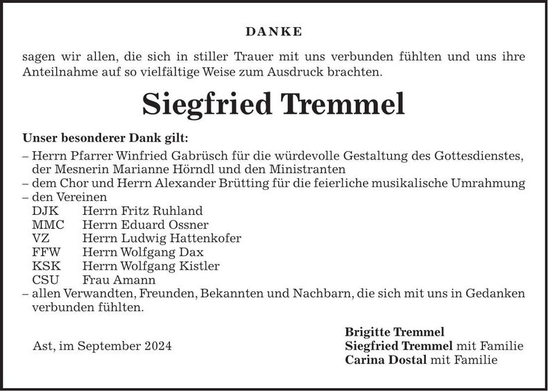 Traueranzeige Siegfried Tremmel