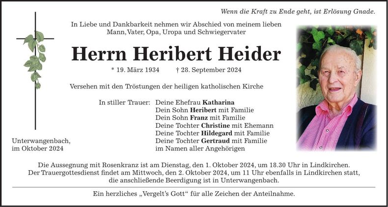 Traueranzeige Heribert Heider