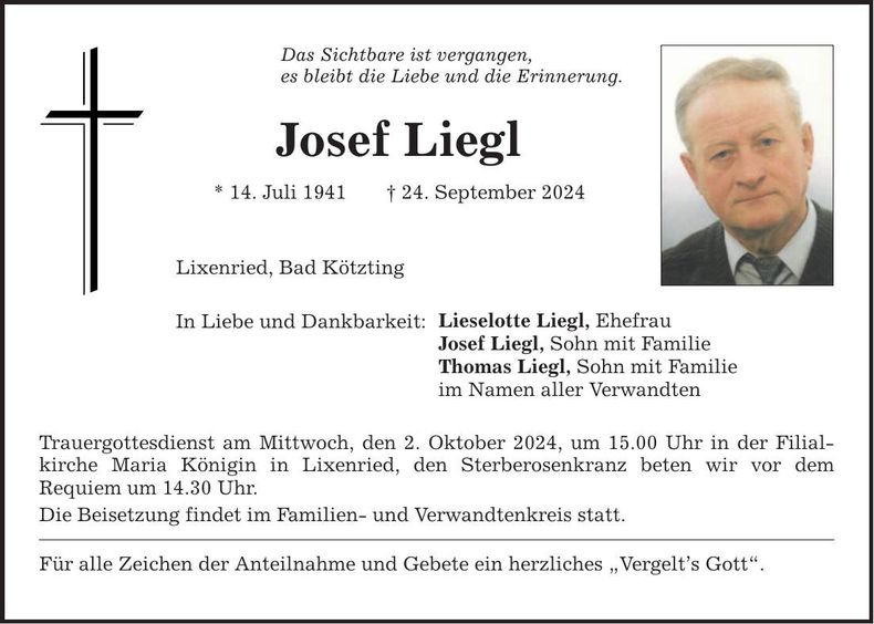 Traueranzeige Josef Liegl