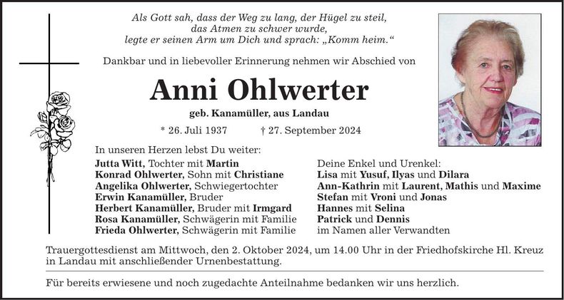 Traueranzeige Anni Ohlwerter
