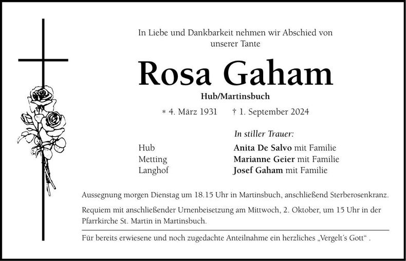 Traueranzeige Rosa Gaham