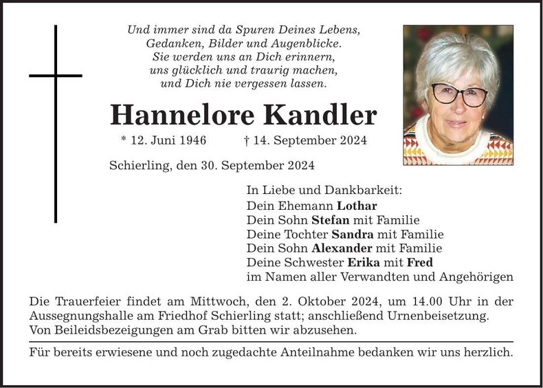 Traueranzeige Hannelore Kandler