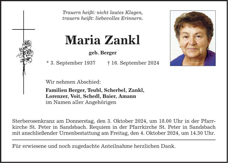 Traueranzeige Maria Zankl