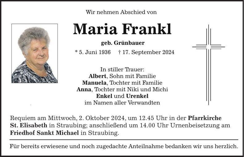 Traueranzeige Maria Frankl