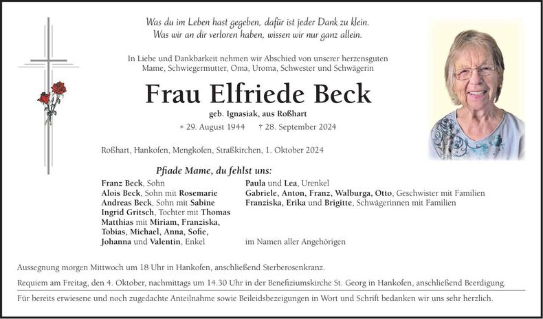 Traueranzeige Elfriede Beck