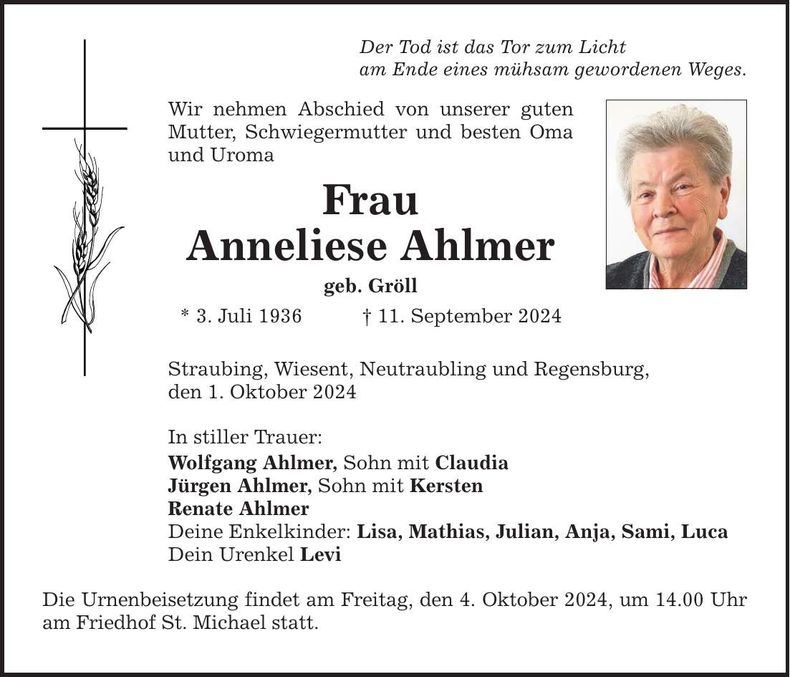 Traueranzeige Anneliese Ahlmer