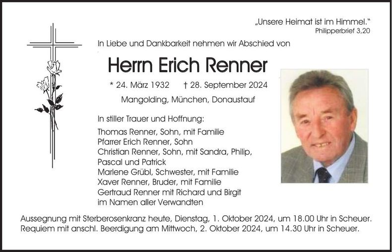 Traueranzeige Erich Renner