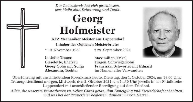 Traueranzeige Georg Hofmeister