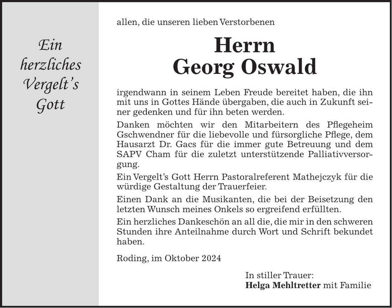 Traueranzeige Georg Oswald