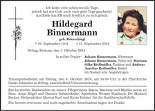 Traueranzeige Hildegard Binnermann