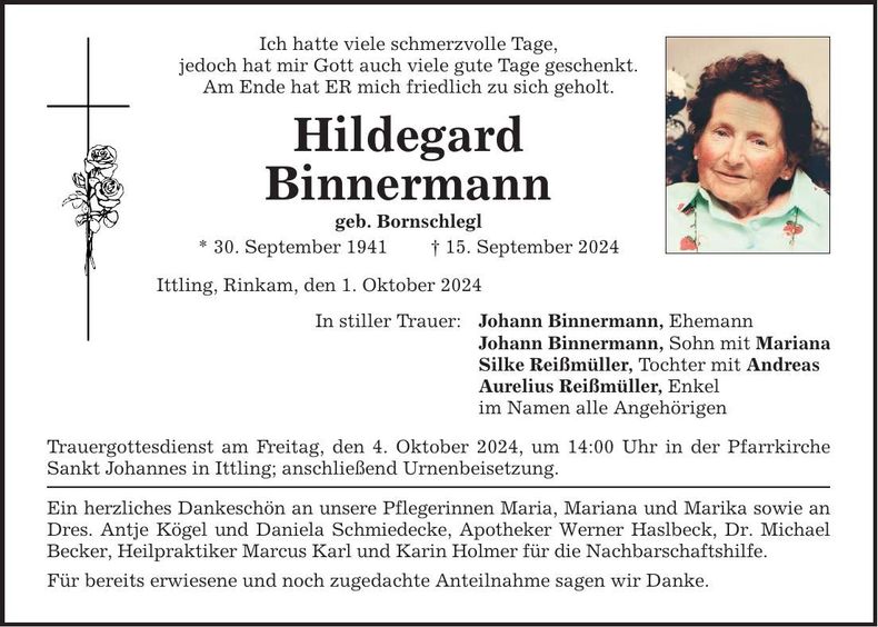 Traueranzeige Hildegard Binnermann