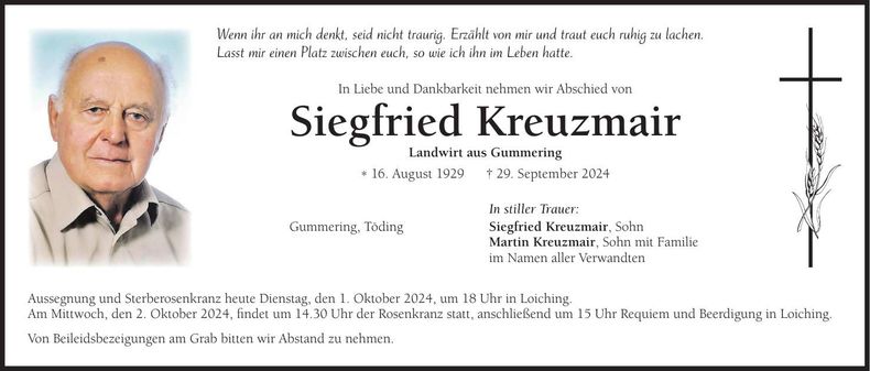 Traueranzeige Siegfried Kreuzmair