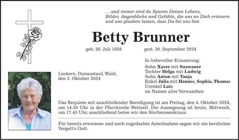 Traueranzeige Betty Brunner