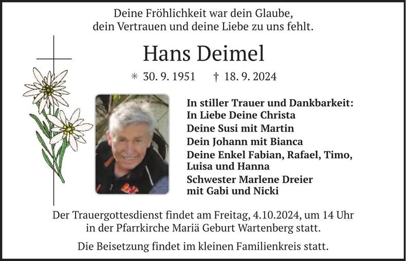 Traueranzeige Hans Deimel