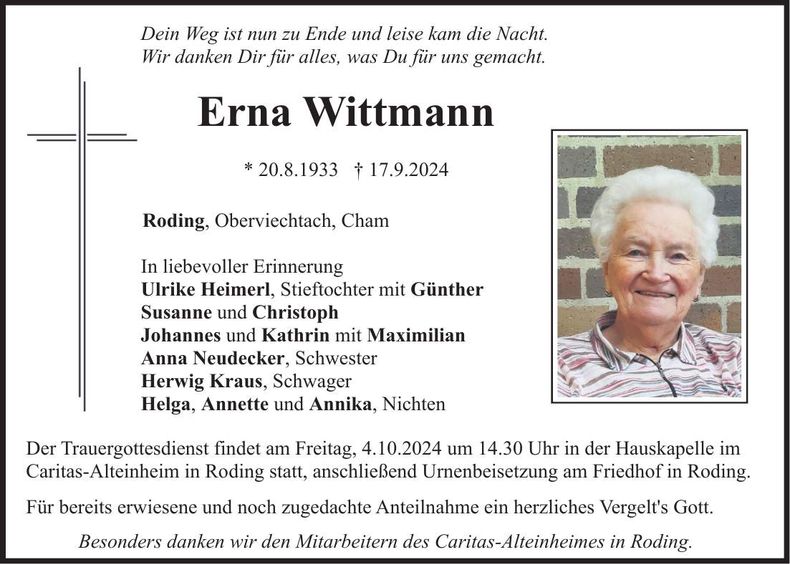 Traueranzeige Erna Wittmann