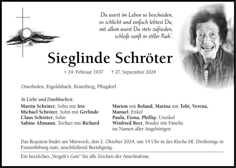 Traueranzeige Sieglinde Schröter