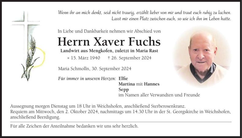 Traueranzeige Xaver Fuchs