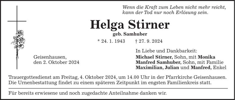 Traueranzeige Helga Stirner