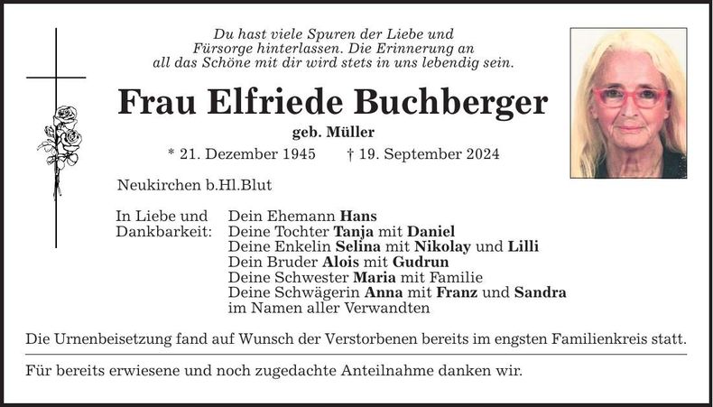 Traueranzeige Elfriede Buchberger