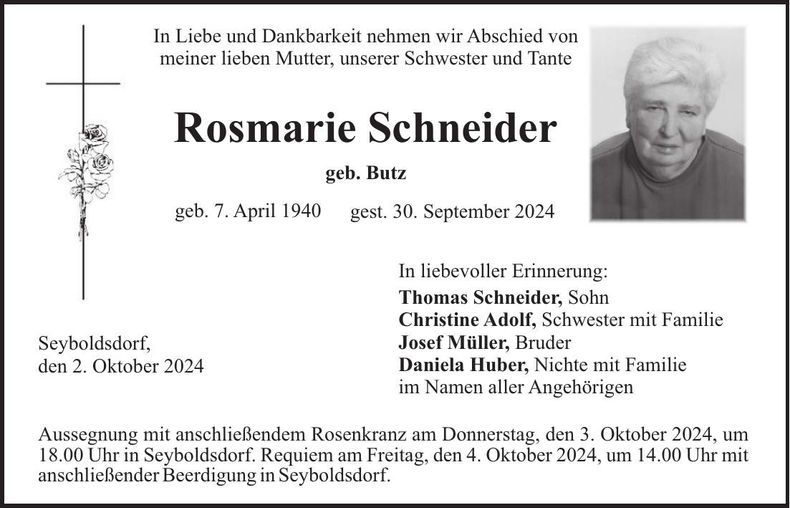 Traueranzeige Rosmarie Schneider